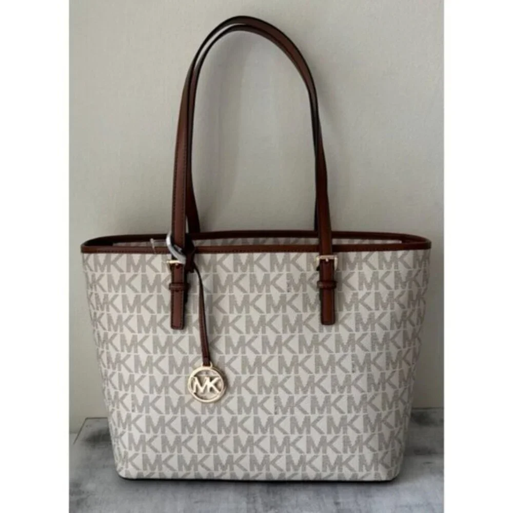Michael Kors Jet Set Vanilla Luggage Tote Carry All Shoulder Handbag Logo Charm